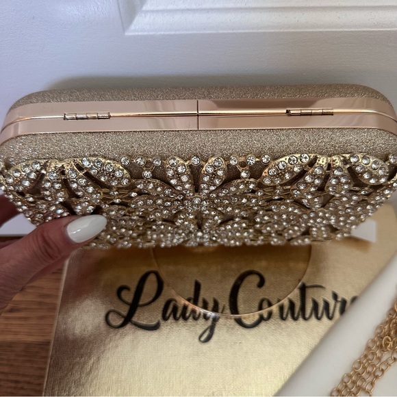 NWT Sparkly Gold Flower Handle  Rhinestones Evening Wedding Bridal Clutch Bag - Picture 9 of 9